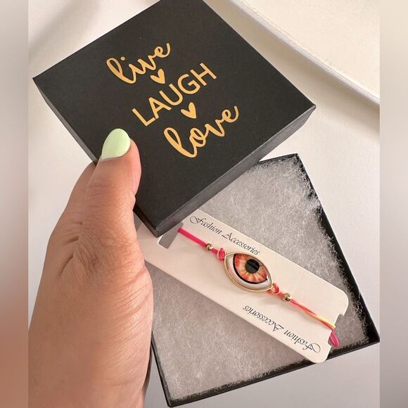 Pink & Yellow Evil Eye Pull Cord Bracelet - Picture 1 of 4